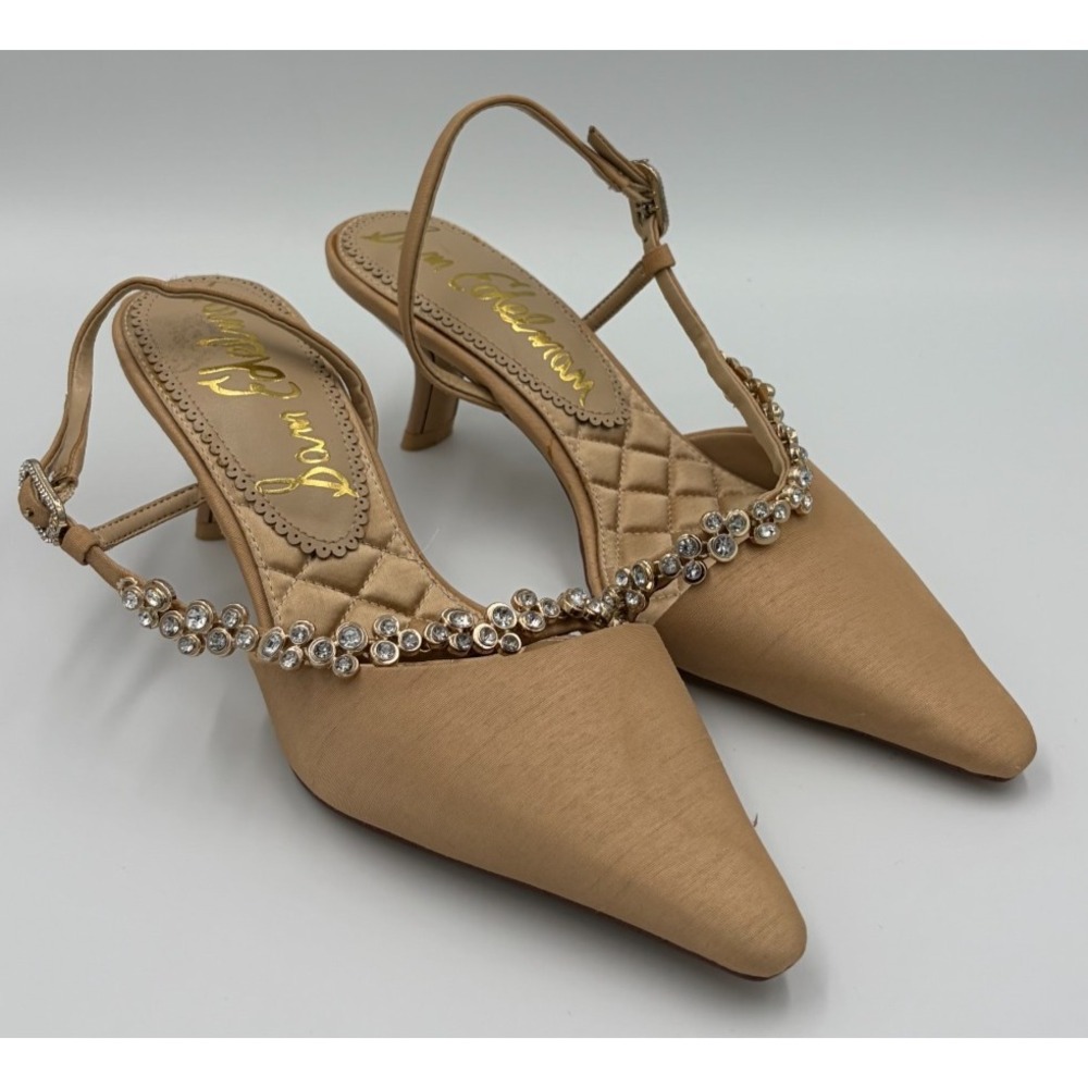 Sam Edelman Bonnie Womens 5.5 Beige Satin Rhinestone Slingback Kitten Heels